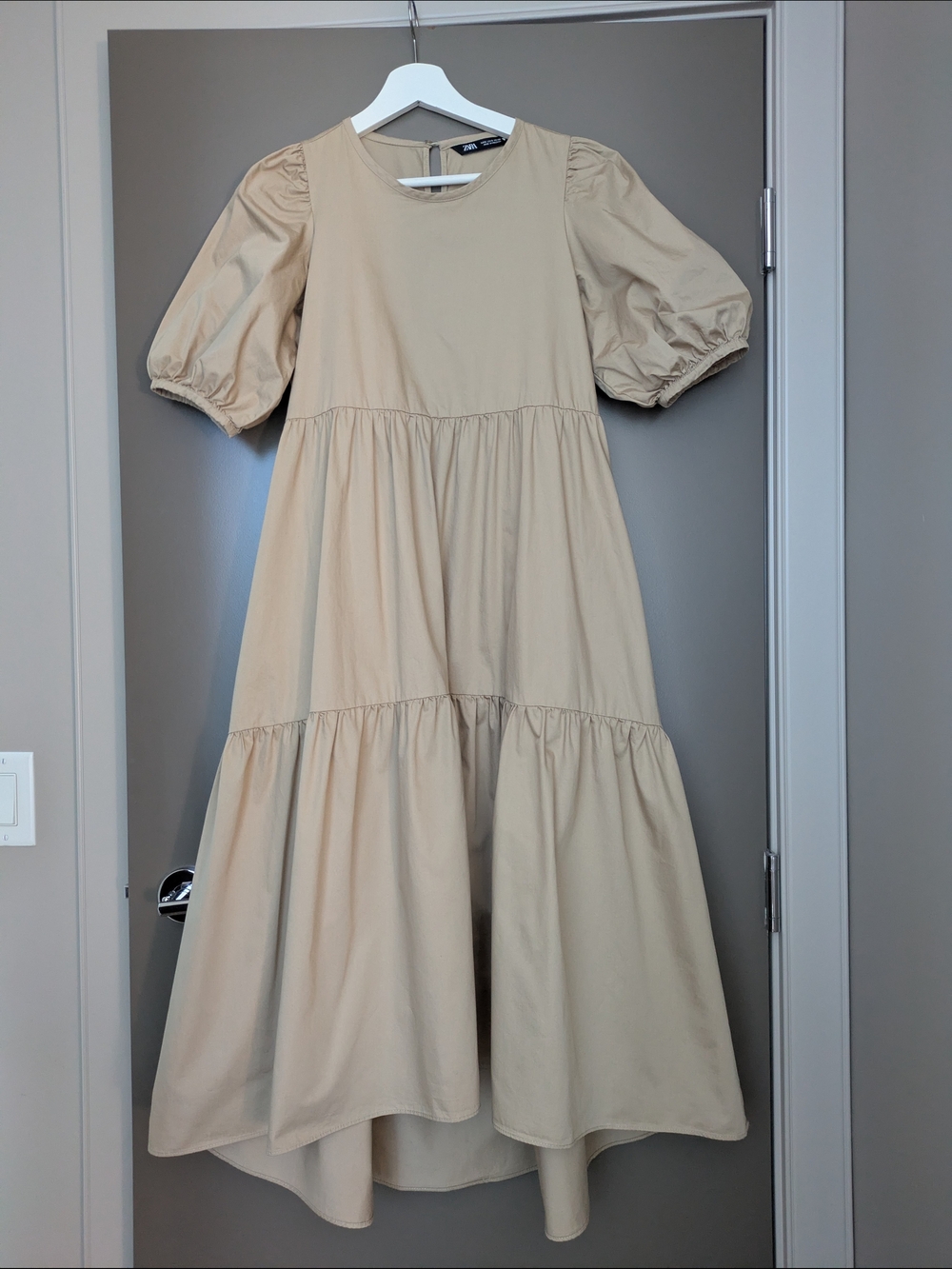 Zara 100% Cotton Beige Puff-Sleeve High-Low Tiered Dress Size S Summer|Occasion